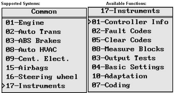 VAG401 supoort system functions list