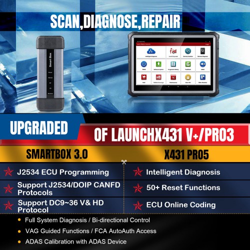 Launch X431 PRO5 PRO 5+ X-PROG 3 + X-431 TSGUN TPMS WAND(Three Devices)