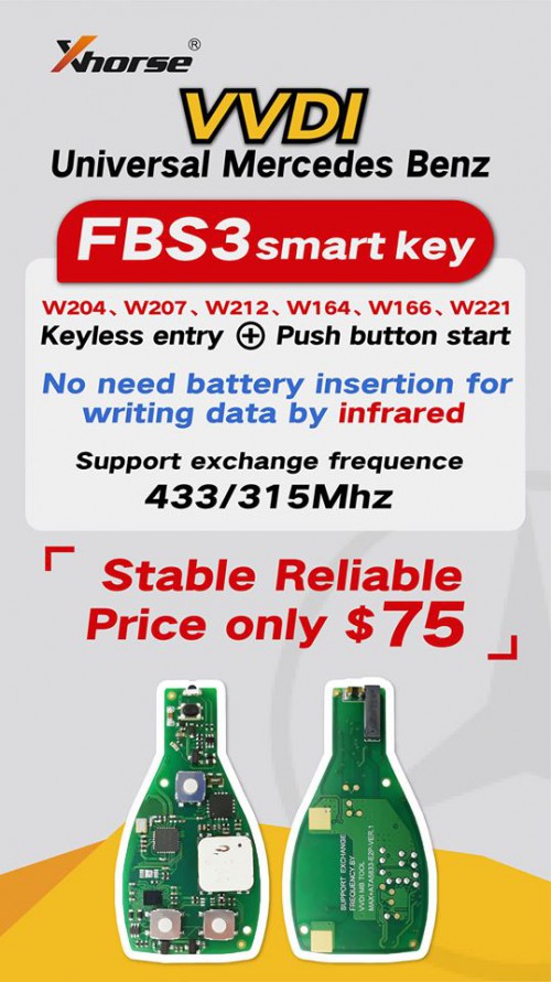 [UK/EU Ship]Xhorse MB FBS3 BGA KeylessGo Key 315/433MHZ with Mercedes Benz Smart Key Shell 3 button